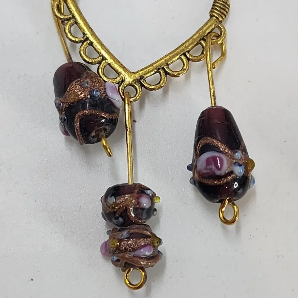 Artisan Heart Lamp Work Glass Beaded Purple Hook Gold Tone Dangle Earrings